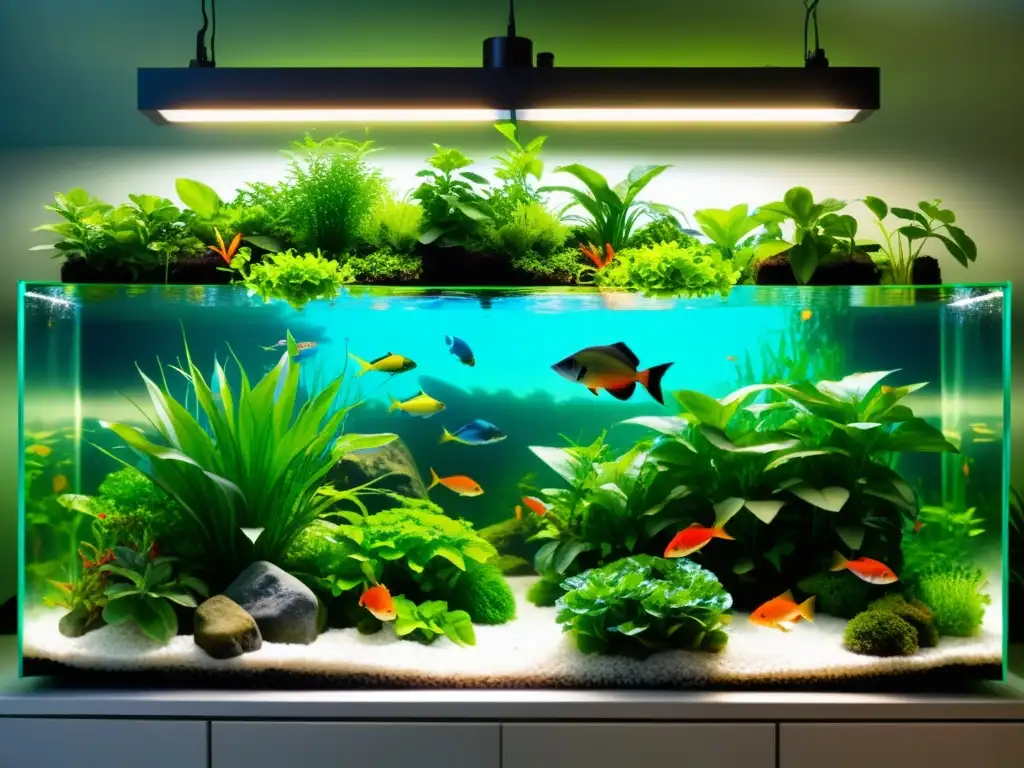 Un sistema acuapónico vibrante con plantas exuberantes sobre el agua y peces coloridos nadando graciosamente