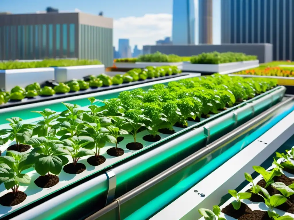 Sistema de acuaponía en agricultura urbana: un jardín en la azotea con diseño futurista, tecnología y naturaleza integradas en armonía