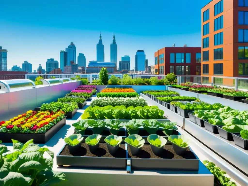 'Sistema acuaponía para agricultura urbana: huerto urbano vibrante con vegetales y flores coloridas, integrando innovación y sostenibilidad