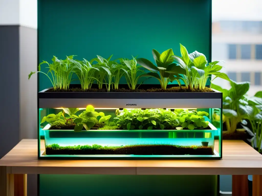 Un sistema de acuaponía en agricultura urbana, integrado en un moderno apartamento, con diseño minimalista y abundante vegetación y vida acuática