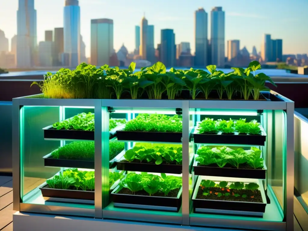 Un sistema de acuaponía en agricultura urbana orgánica, con verduras exuberantes y la ciudad de fondo