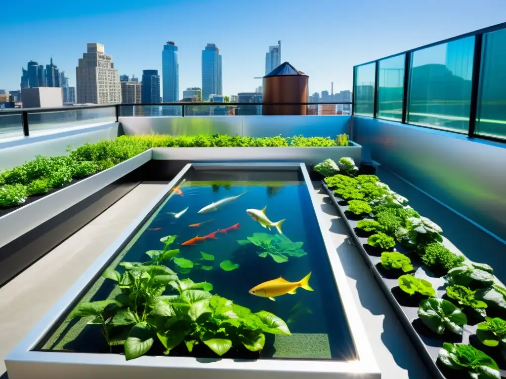 Sistema de acuaponía para agricultura urbana en un jardín de tejado moderno con plantas exuberantes y peces vibrantes nadando en agua clara