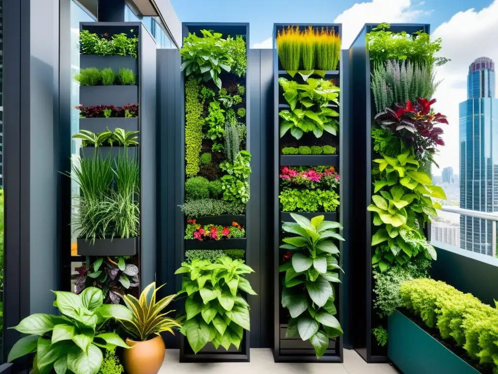 Sistema de acuaponía en agricultura urbana: jardín vertical moderno con plantas vibrantes en un entorno urbano contemporáneo