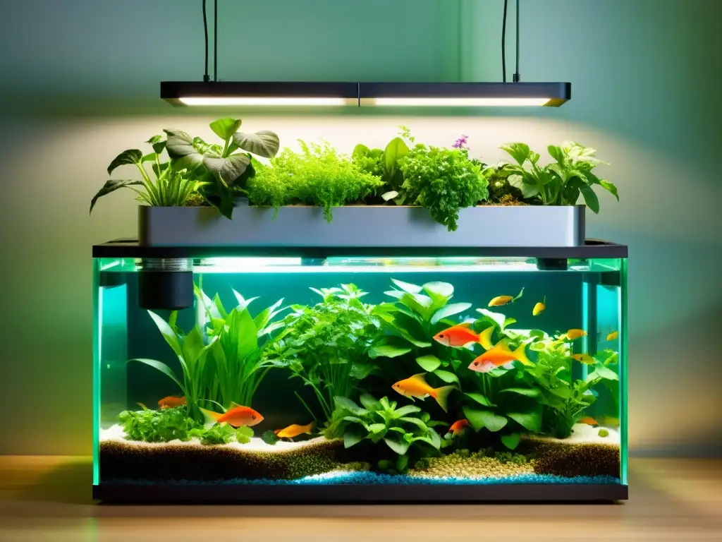 Acuario de diseño integrado con huerto hidropónico Un sistema de acuaponía orgánica en casa: peces coloridos y verduras exuberantes en un entorno moderno y tranquilo