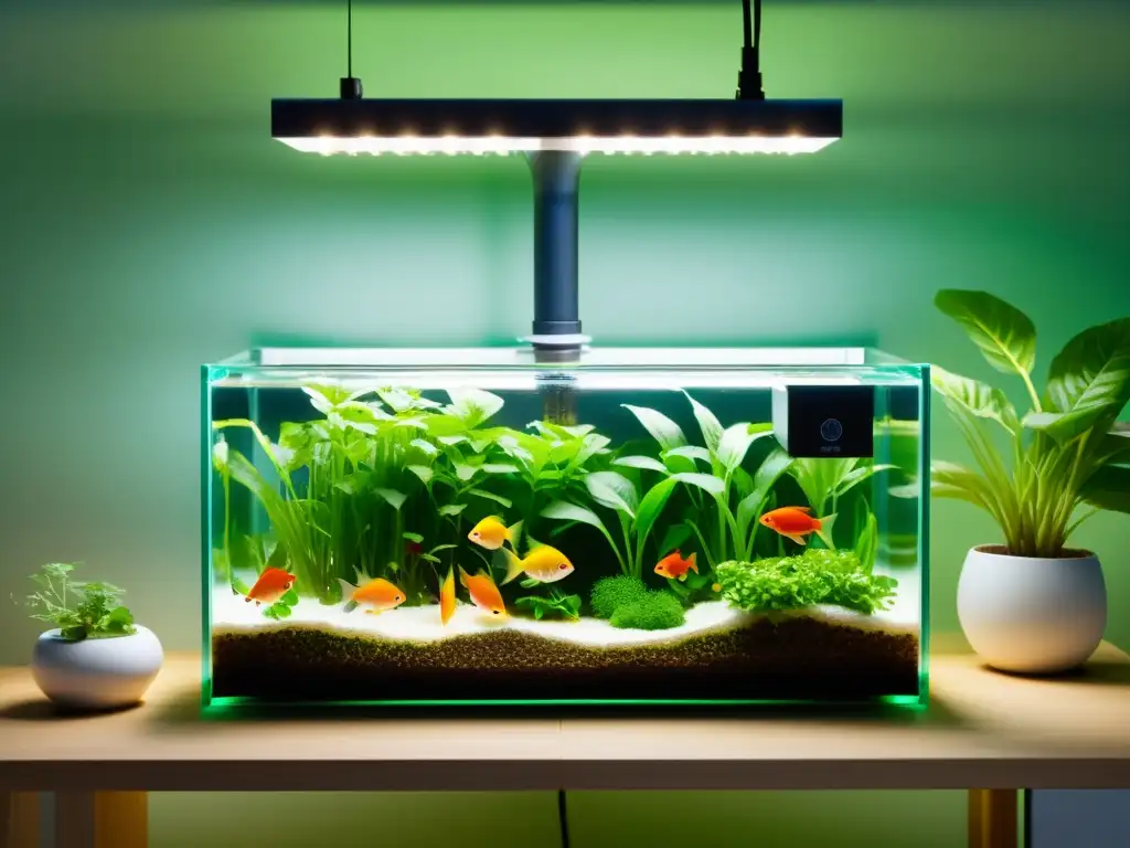 Sistema acuaponía casero paso a paso con tanques transparentes y exuberante vegetación, iluminado suavemente en un fondo minimalista