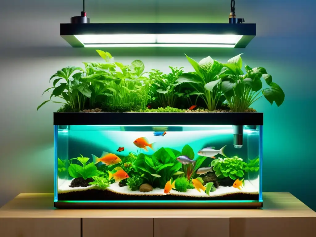 Un sistema acuaponía casero paso a paso con tanques acrílicos, plantas vibrantes y peces coloridos, en un diseño minimalista y funcional