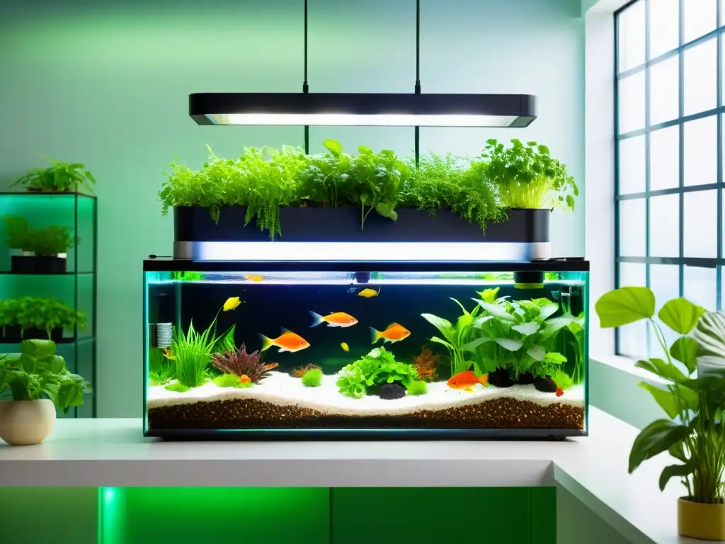 Un sistema de acuaponía casero paso a paso con tanques de peces transparentes, vegetación exuberante y un panel de control sofisticado, en un espacio de vida elegante y bien iluminado