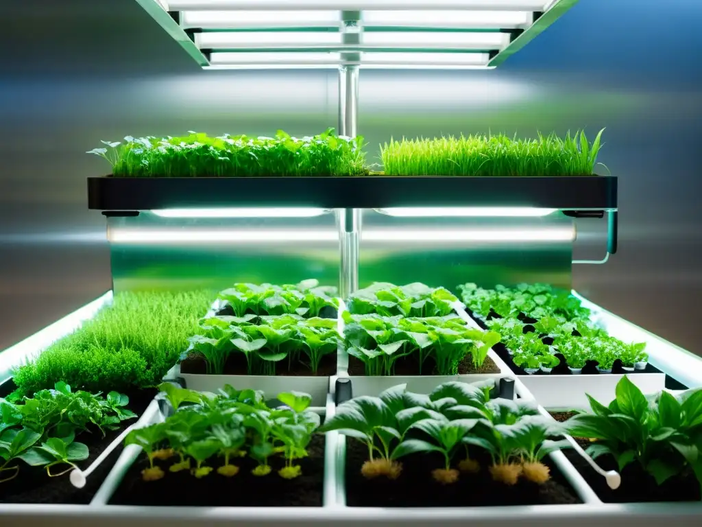 Un sistema de acuaponía comercial con diseño futurista, integrando tecnología y naturaleza