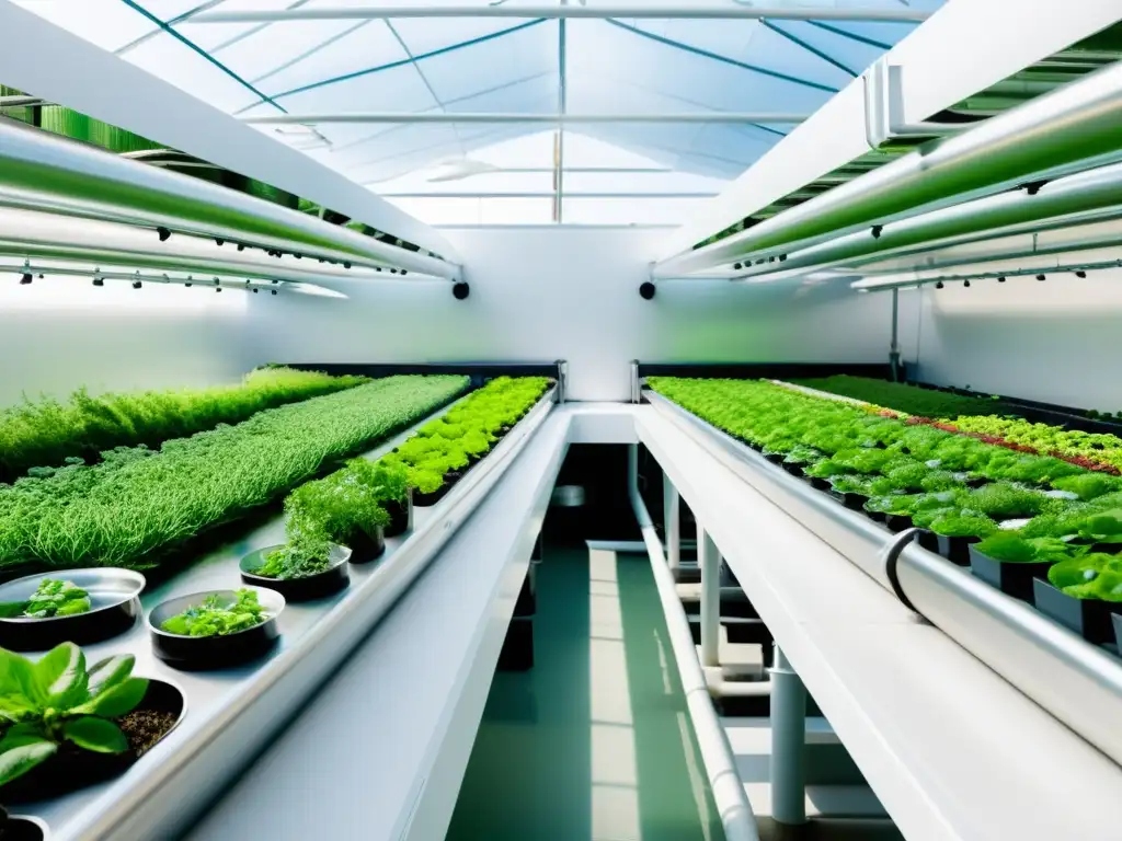 Un sistema de acuaponía comercial moderno con diseño futurista, tanques de acero inoxidable, plantas vibrantes y un entorno limpio y luminoso