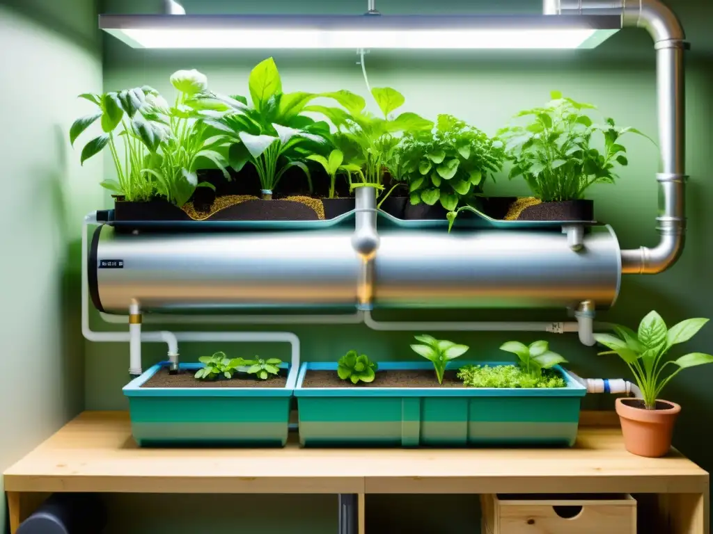 Un sistema de acuaponía DIY construido con materiales reciclados, conectando un tanque de peces con camas de cultivo llenas de vegetación exuberante