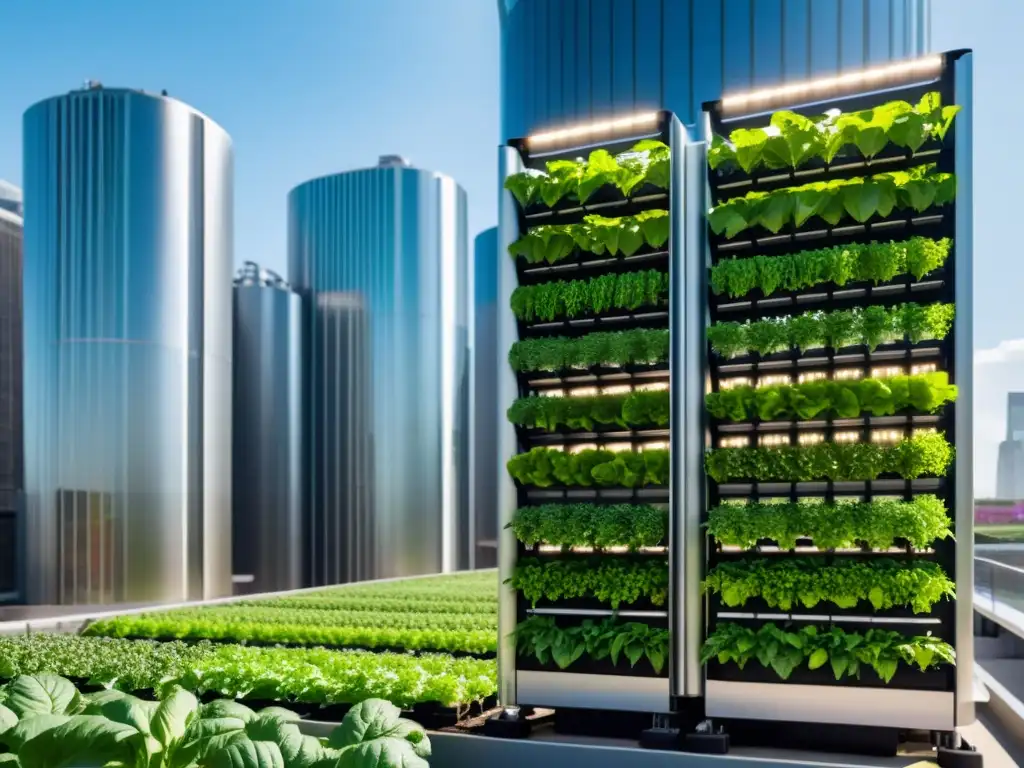 Un sistema de cultivo vertical en agricultura urbana, con plantas vibrantes en un entorno moderno y bullicioso