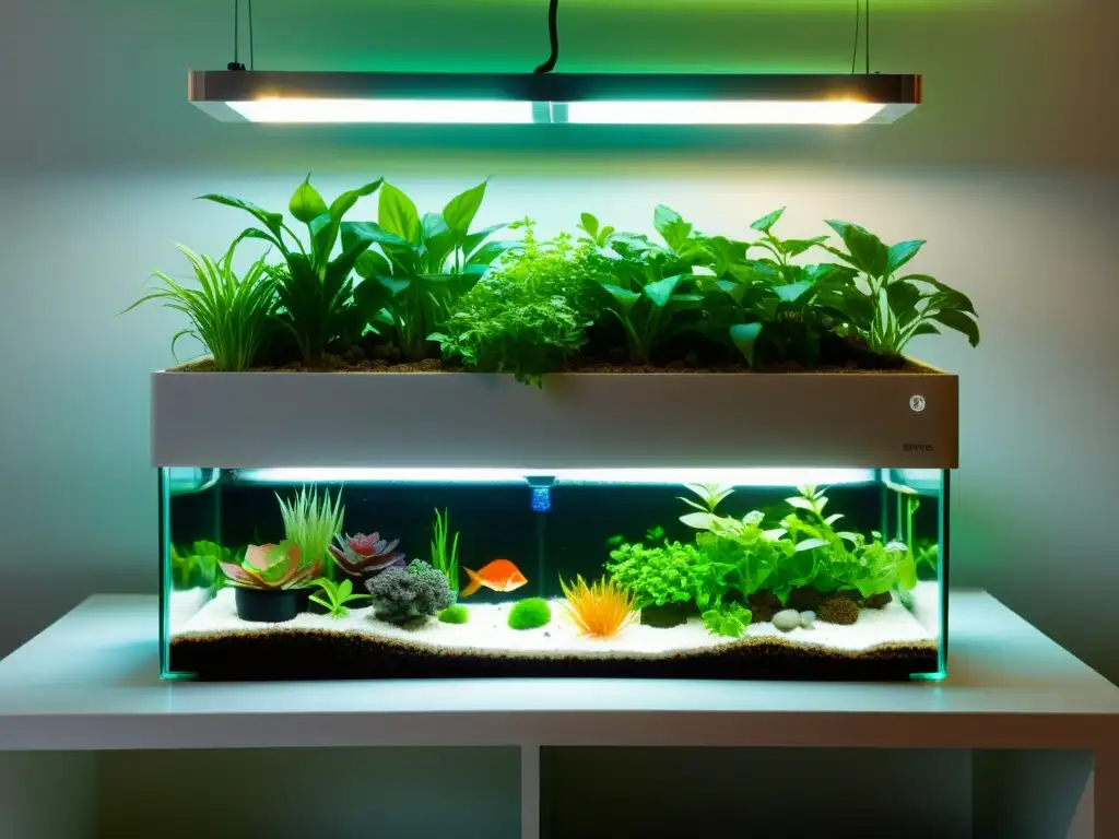 Un sistema de acuaponía doméstica moderna con plantas purificadoras acuaponía, peces y diseño elegante, iluminado por luces LED cálidas