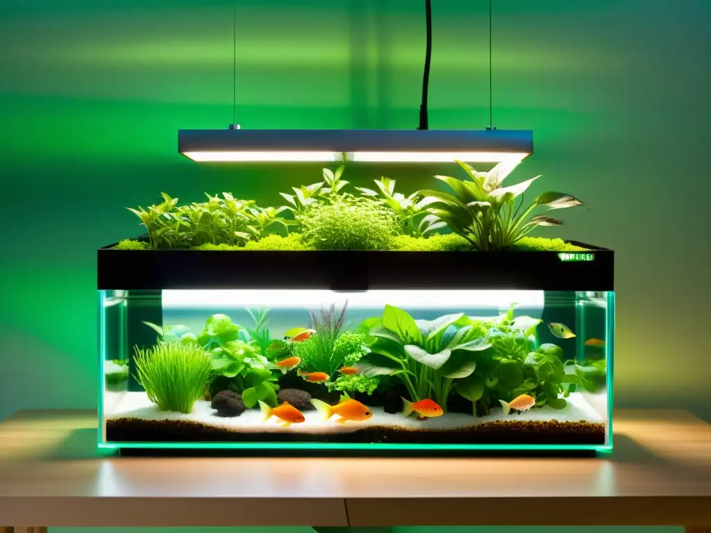 Un sistema de acuaponía doméstica moderno y elegante, con tanques acrílicos llenos de plantas verdes y peces nadando