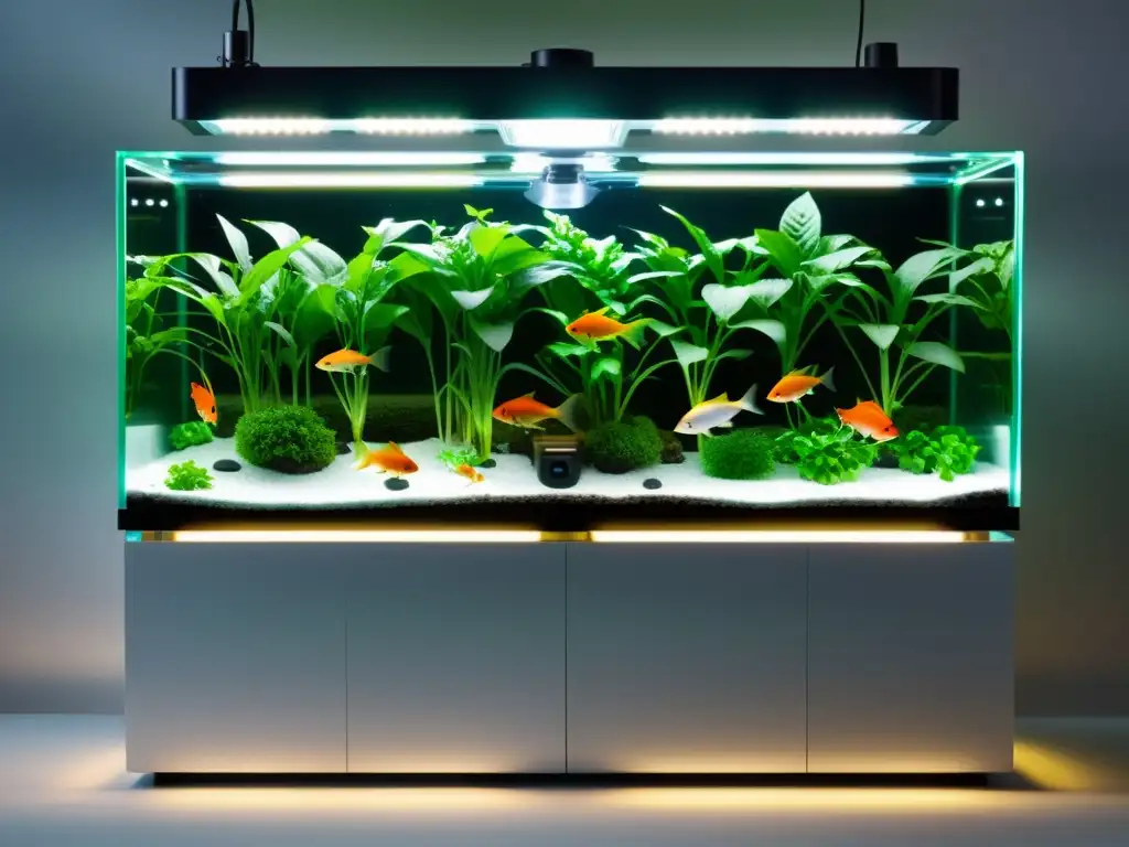 Un sistema de acuaponía doméstica moderno con tanques de peces transparentes, plantas verdes vibrantes y gestión de nutrientes integrada