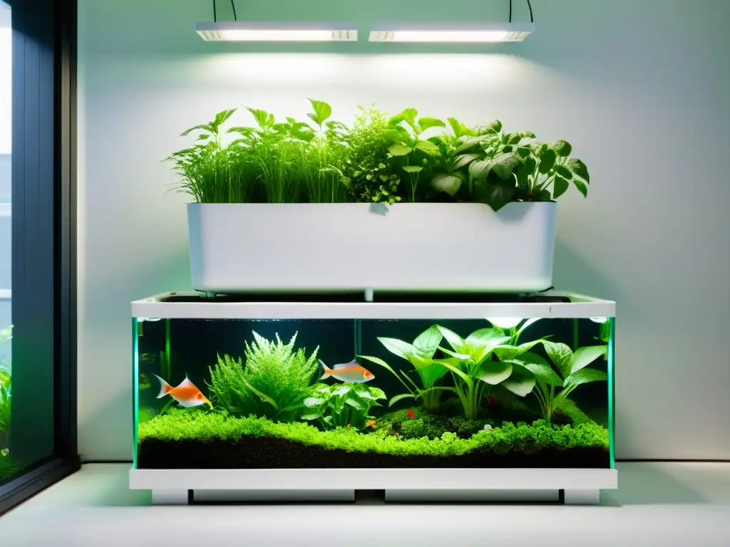 Un sistema doméstico de acuaponía moderno con tanques blancos elegantes conectados a exuberantes jardines verticales