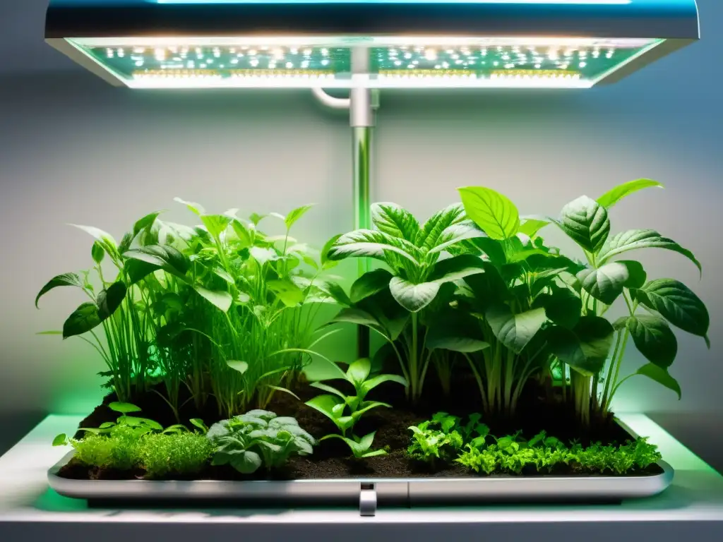 Sistema de acuaponía futurista con plantas exuberantes y peces nadando Un sistema de acuaponía futurista iluminado suavemente, con plantas exuberantes y peces nadando entre las raíces