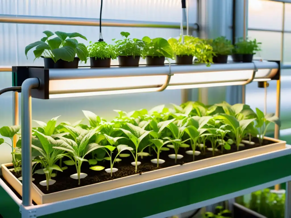 Aquaponía Futurista: Plantas y Peces en Armonía Un sistema de acuaponía futurista con tubos transparentes, plantas verdes vibrantes y peces nadando