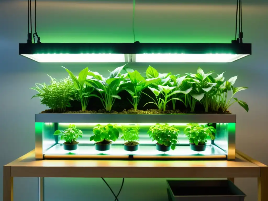 Jardín Futurista de Aquaponía e Hidroponía Un sistema de acuaponía e hidroponía moderno y elegante, iluminado por luces LED, con plantas exuberantes
