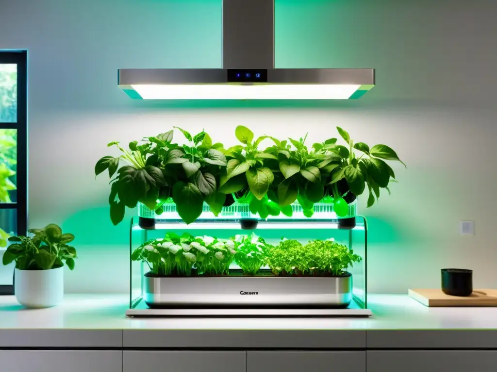 Hidropónico en casa: cocina moderna y exuberante Montar sistema hidropónico en casa: Cocina espaciosa y moderna con sistema hidropónico de diseño minimalista y plantas verdes vibrantes