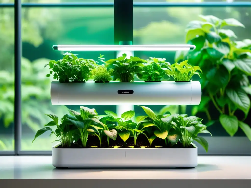 Hidroponía en casa: belleza y funcionalidad Un sistema hidropónico en casa, con plantas vibrantes y detalles precisos, en un entorno de exuberante verdor