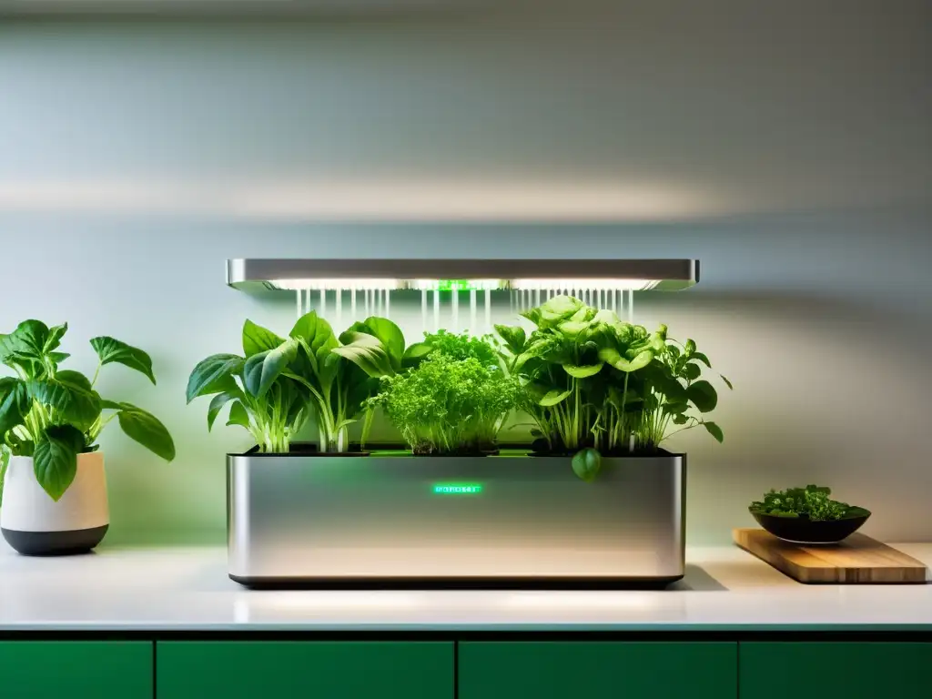 Hidropónico moderno en cocina contemporánea Un sistema hidropónico casero moderno, integrado en una cocina contemporánea y bien iluminada