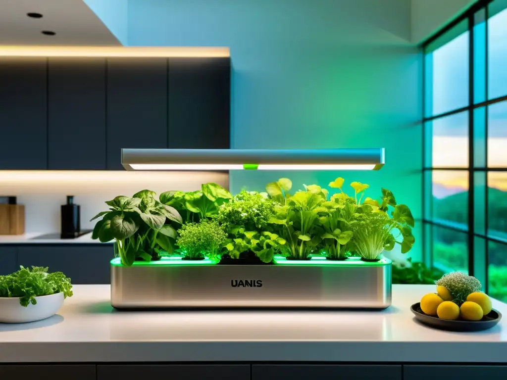 Jardín hidropónico en cocina: moderno y vibrante Un sistema hidropónico doméstico se monta en una cocina espaciosa y bien iluminada, con tubos transparentes llenos de plantas vibrantes