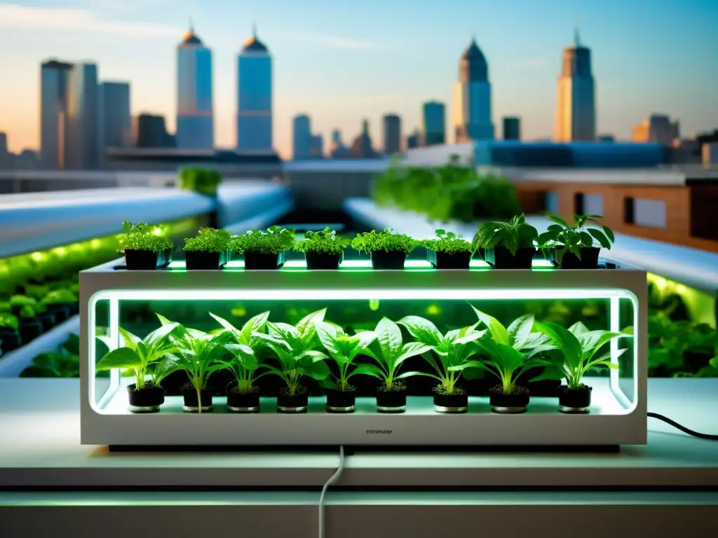 Jardín hidropónico urbano: innovación vegetal en la ciudad Un sistema hidropónico urbano de alta tecnología con exuberante vegetación en contraste con el paisaje urbano