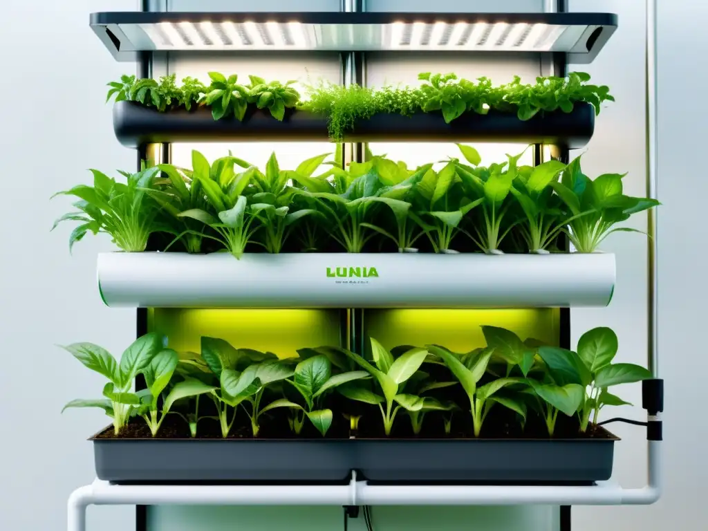 Un sistema hidropónico vertical con plantas exuberantes y raíces saludables expresa la importancia de la aeración de raíces en cultivos verticales