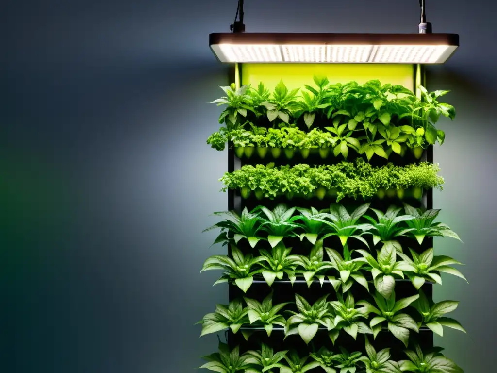 Un sistema hidropónico vertical de vanguardia con plantas frondosas en un microclima ideal para el cultivo de plantas verticales