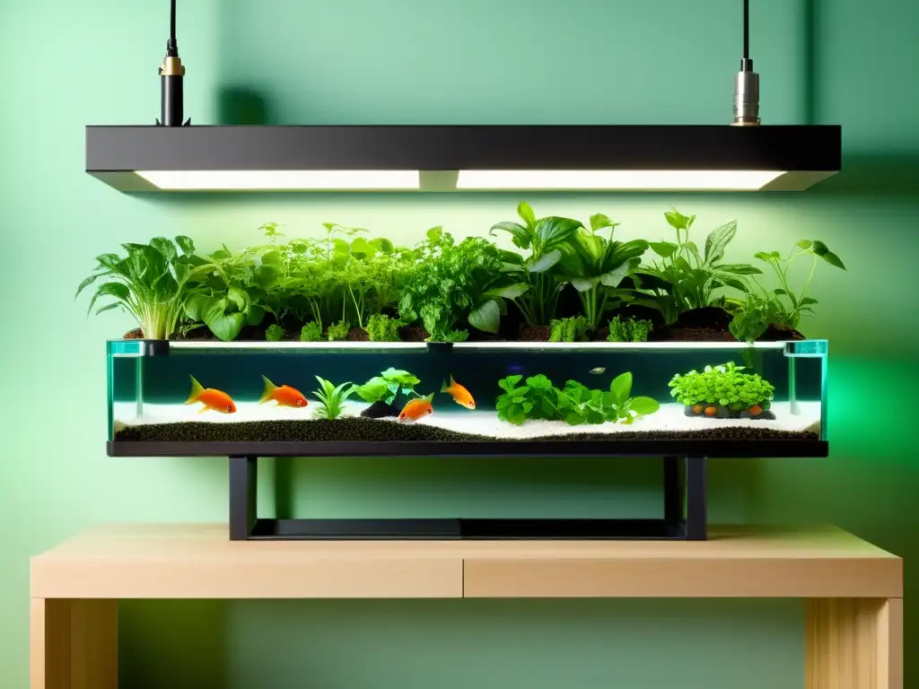 Un sistema de acuaponía en el hogar de diseño moderno, con tanques de peces transparentes y plantas exuberantes