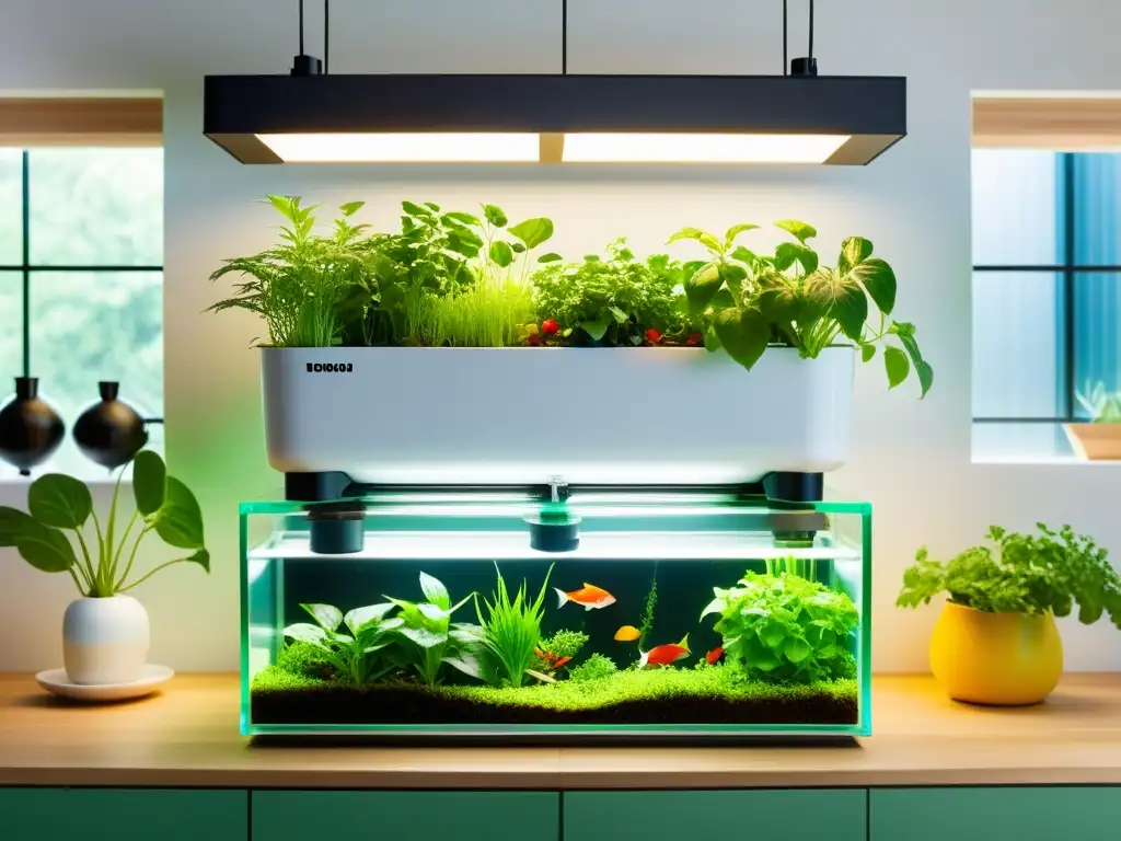 Un sistema de acuaponía en el hogar próspero y moderno, con diseño minimalista, tanques de acrílico, vegetación exuberante y peces saludables