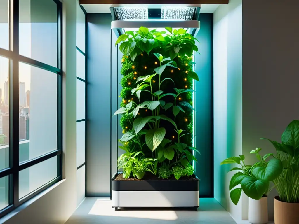 Implementar sistema acuaponía huerto vertical en apartamento urbano iluminado, con diseño innovador y exuberante vegetación