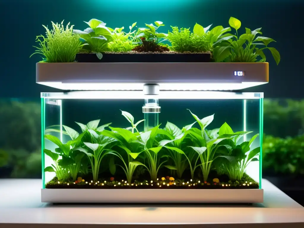 Implementar sistema acuaponía huerto vertical en entorno urbano futurista con luces LED y simbiosis entre peces y plantas