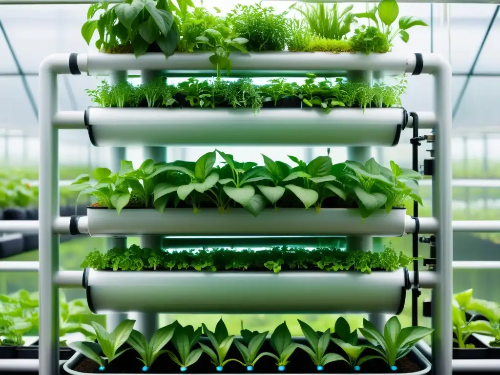 Un sistema de acuaponía en huerto vertical moderno y eficiente, con plantas exuberantes en agua nutriente, mostrando innovación y sostenibilidad