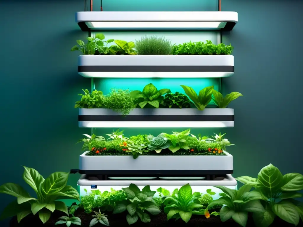 Implementar sistema acuaponía huerto vertical con vegetales y peces vibrantes en ambiente urbano moderno