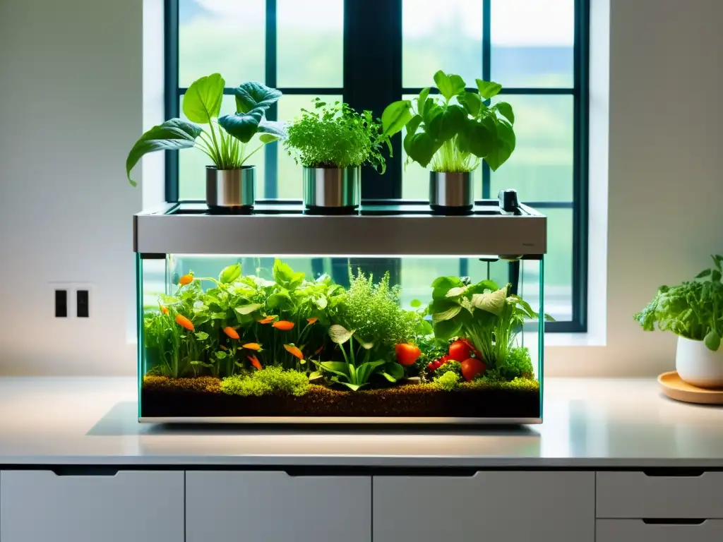 Un sistema de acuaponía en huertos urbanos sostenibles, con hierbas verdes y vegetales vibrantes, en una cocina contemporánea llena de luz natural