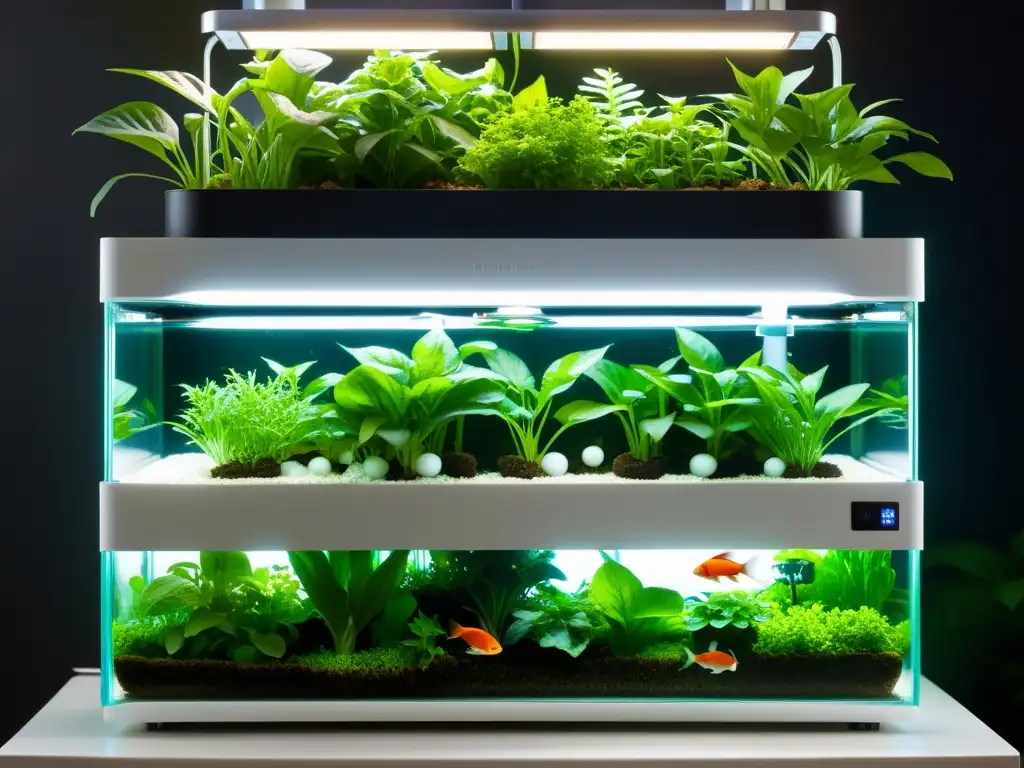 Un sistema de acuaponía en huertos verticales moderno y modular, con plantas exuberantes y peces prósperos en tanques integrados