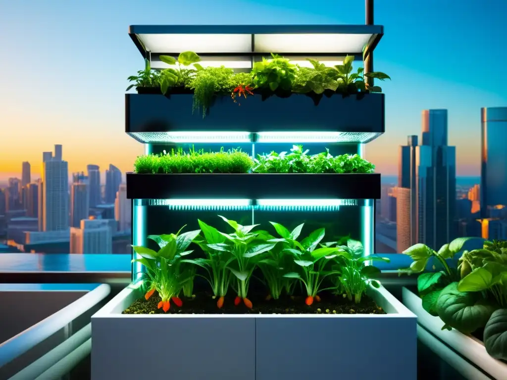 Un sistema de acuaponía para huertos verticales urbanos, innovador y sostenible, con peceras transparentes y exuberante vegetación, contrastando con la ciudad vibrante al fondo