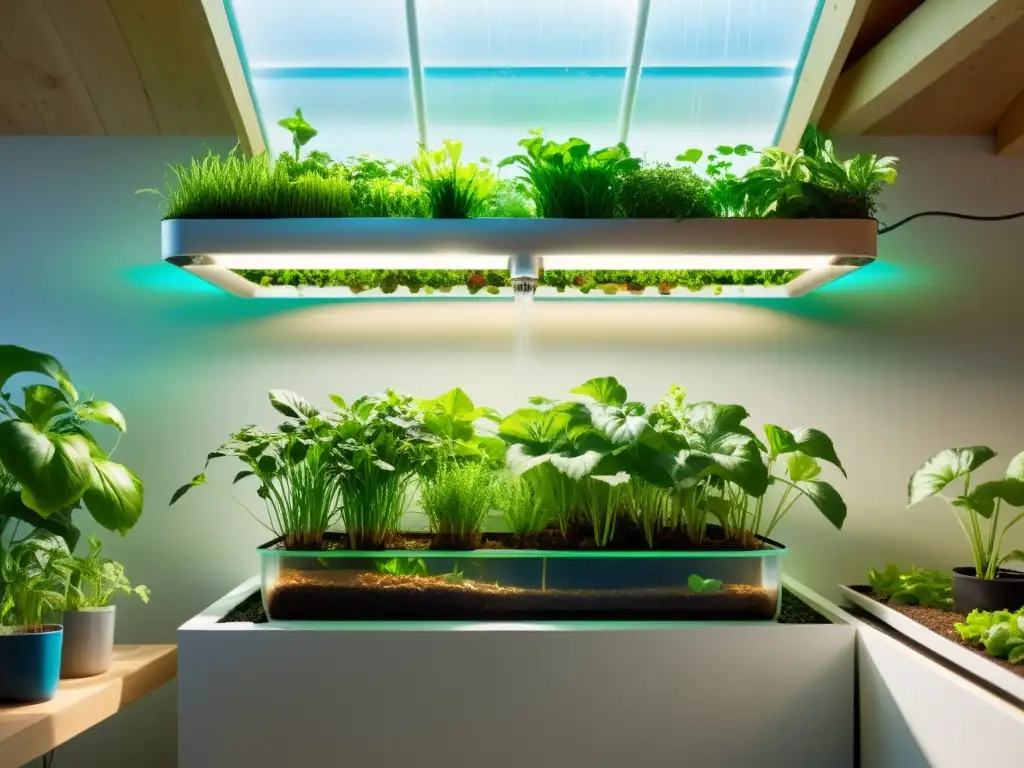 Construir sistema acuaponía materiales reciclados: Innovadora acuaponía con plantas exuberantes y peces nadando en un espacio brillante y ecológico