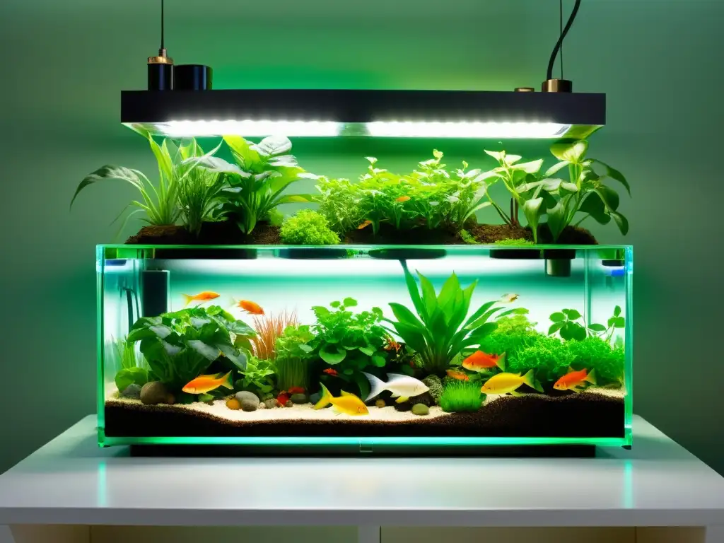 Un sistema de acuaponía casera moderna con plantas exuberantes y peces coloridos, desafíos acuaponía casera soluciones