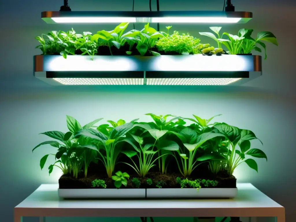 Un sistema de acuaponía moderno y cuidado, con plantas exuberantes y agua clara