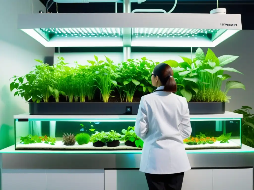 Un sistema de acuaponía moderno y detallado con plantas verdes exuberantes sobre el agua, tubos transparentes y un panel de control futurista