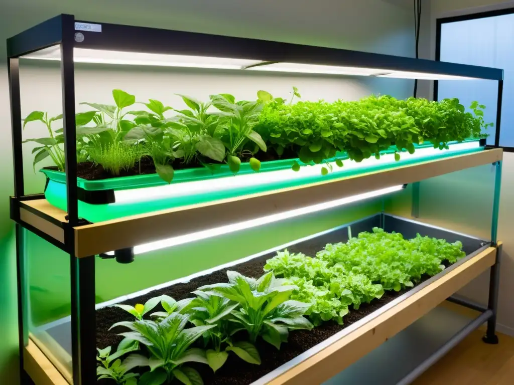 'Integrando la acuaponía en educación: un sistema moderno y educativo con vegetación vibrante y tecnología avanzada