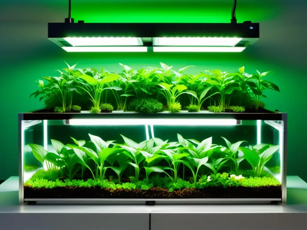 Un sistema de acuaponía moderno y eficiente con plantas exuberantes y peces nadando, iluminado con luces LED de crecimiento