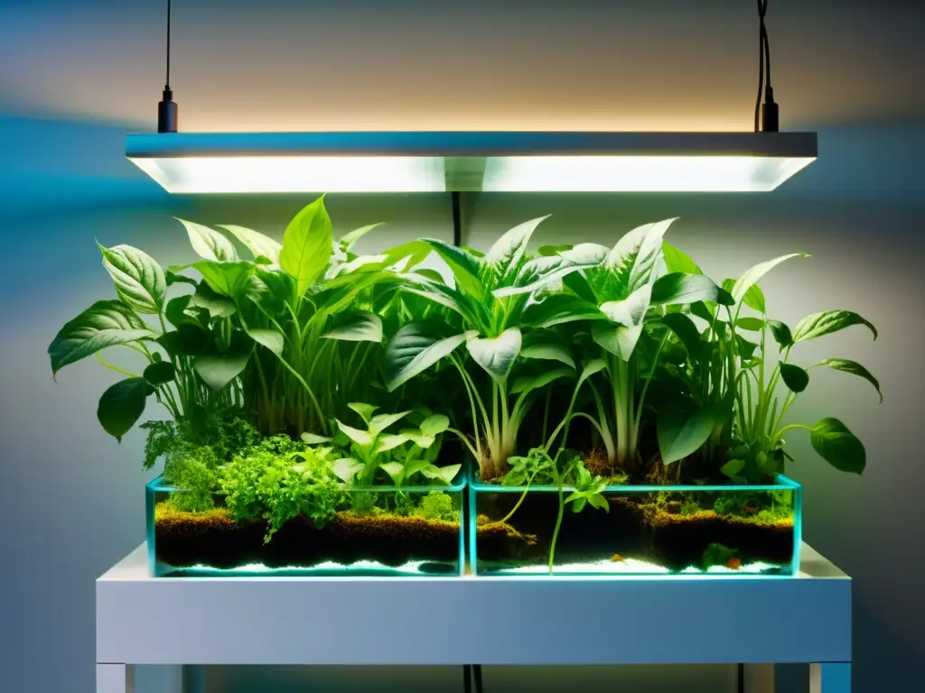 Un sistema de acuaponía moderno y elegante, iluminado por luz natural, con plantas exuberantes sobre tanques transparentes