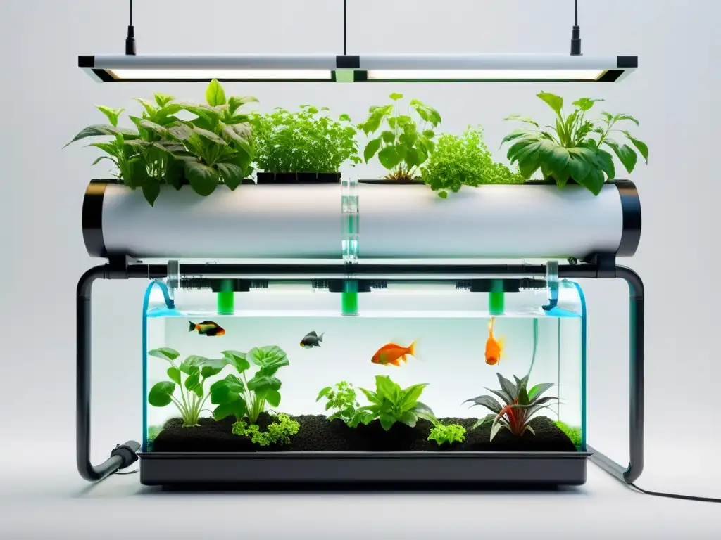 Sistema de acuaponía moderno: plantas verdes exuberantes y peces vibrantes en PVC transparente Un sistema de acuaponía moderno y elegante con plantas verdes exuberantes y peces vibrantes y saludables