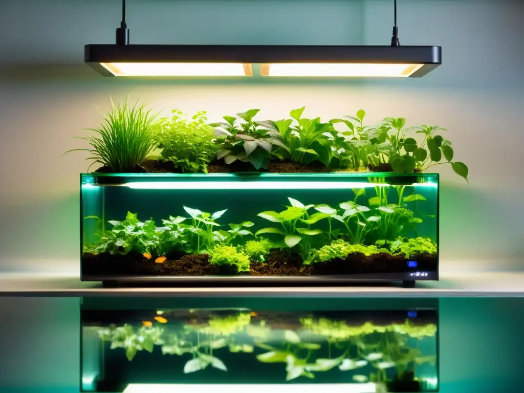 Un sistema de acuaponía moderno y elegante con plantas exuberantes sobre el agua y peces nadando en tanques