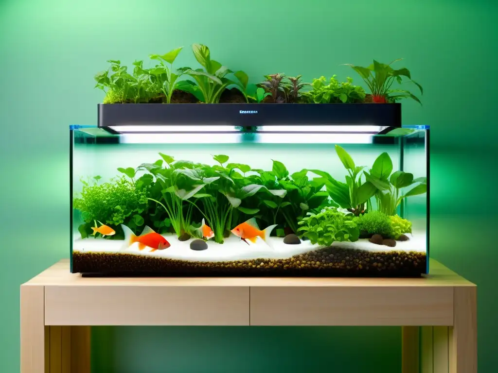 Un sistema de acuaponía moderno y elegante con tanques transparentes y plantas verdes vibrantes