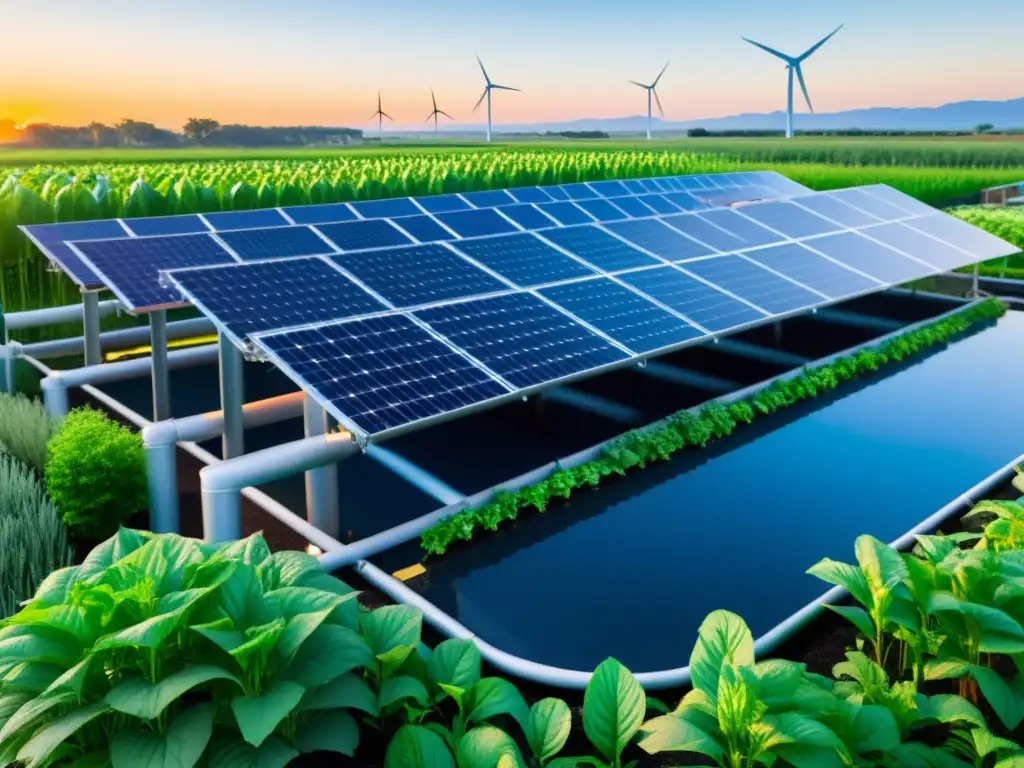 Un sistema de acuaponía moderno con energías renovables integradas, potenciando el control climático y la sostenibilidad agrícola