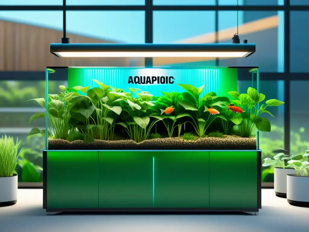 'Un sistema de acuaponía moderno en un entorno educativo, integrando la acuaponía en educación con un diseño elegante y vegetación exuberante